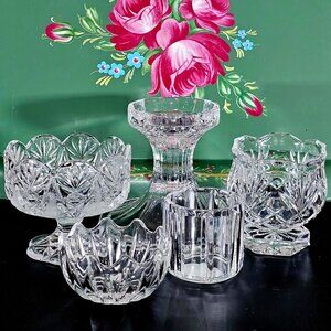vtg assorted cut crystal candle holders lot/5 votive taper glass holders wedding